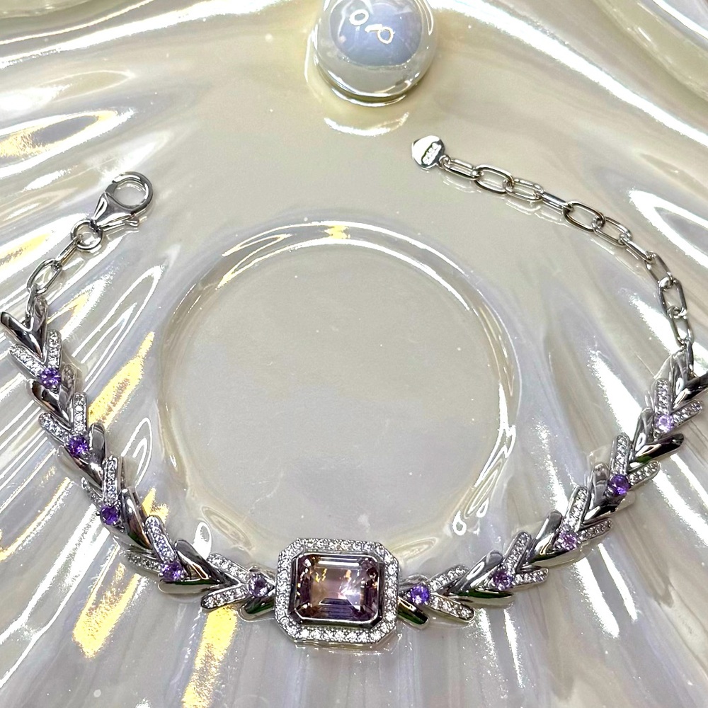 BAM1 6CT Natural Bolivian AMETRINE Bracelet Rhodium plated Sterling Silver